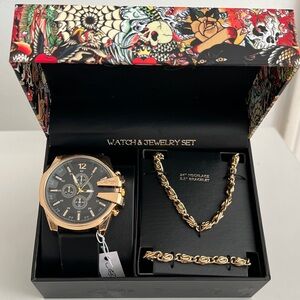 Ed Hardy Gold and Black Watch & with chain and bracelet Jewelry Set